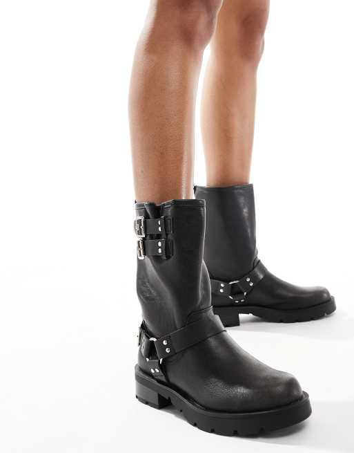 Glamorous – Grå, tvättade bikerboots med spännen, 3 av 4