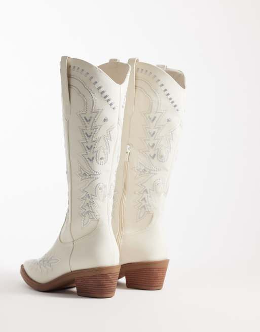 Glamorous – Gräddvita, knähöga cowboyboots med broderi, 2 av 4