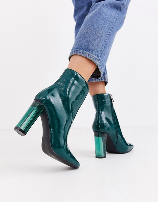 Glamorous green patent ankle boots with statement heel