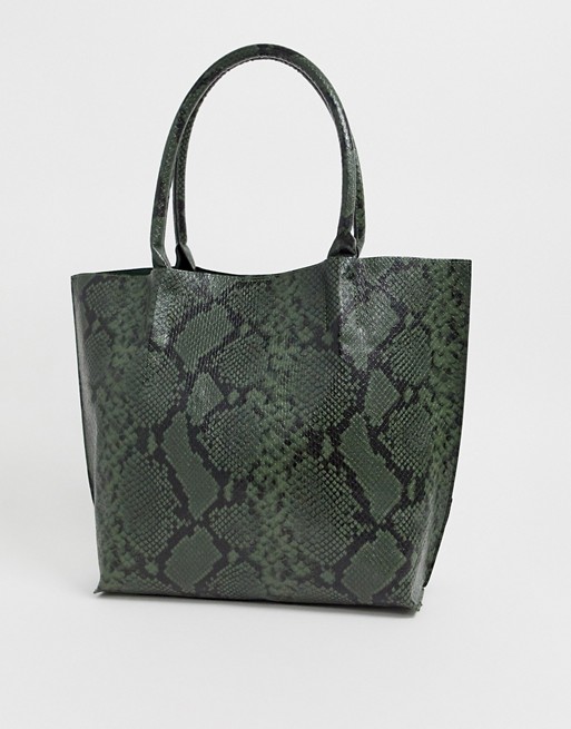 Glamorous green snakeskin oversized tote bag
