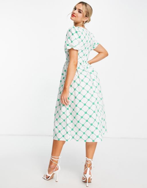 Glamorous - Grøn smock-midikjole med firkantet hals og ternet blomstermønster, 3 af 4