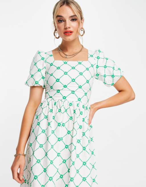 Glamorous – Grönblommig rutig midiklänning med smock och fyrkantig halsringning, 4 av 4
