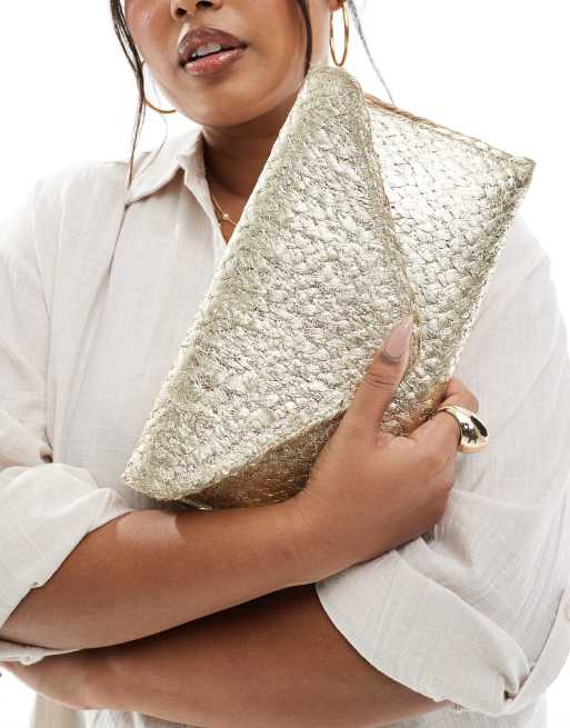 Glamorous - Guldfarvet og metallisk clutch-taske i strå med kuvertlukning, 4 af 4