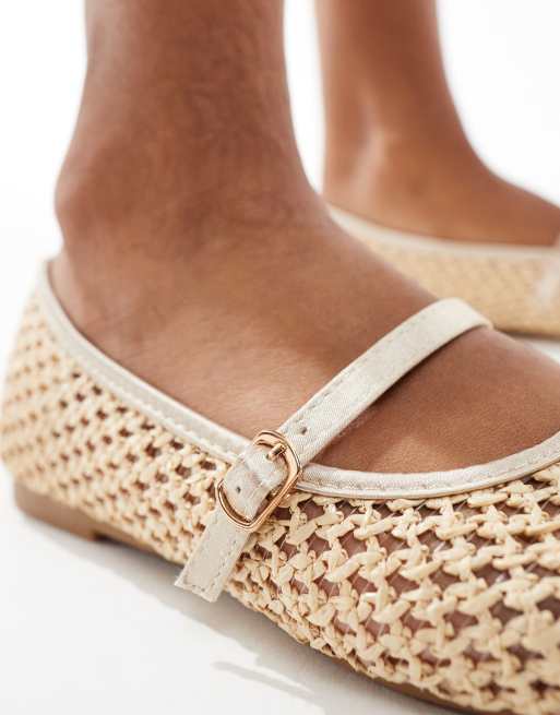 Glamorous – Guldiga, platta ballerinaskor i mesh och raffiabast, 3 av 4