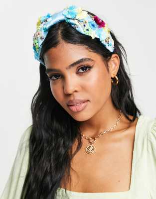 Glamorous - Haarband met knoop en versiering van bloemen in blauw 