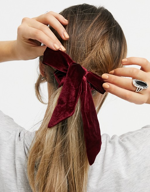 Glamorous hair scrunchie with bow in red velvet