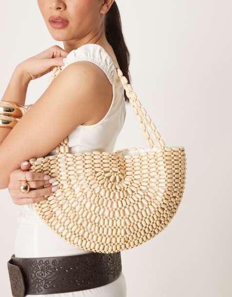 Glamorous – Halbmondförmige Schultertasche mit Perlen in Creme - view 1