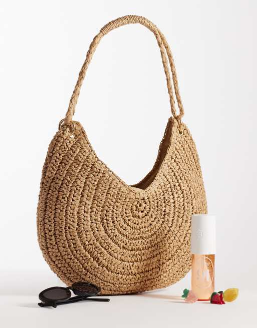 Glamorous – Halbmondförmige Strandtasche aus Bast in Neutral , 2 von 4