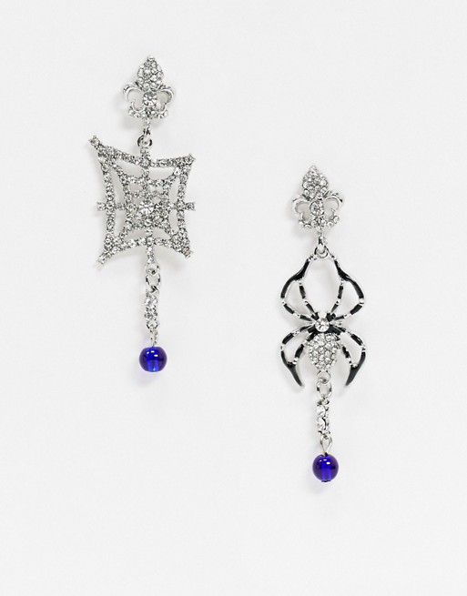 Glamorous Halloween asymmetric earrings with spider and web print in jewels