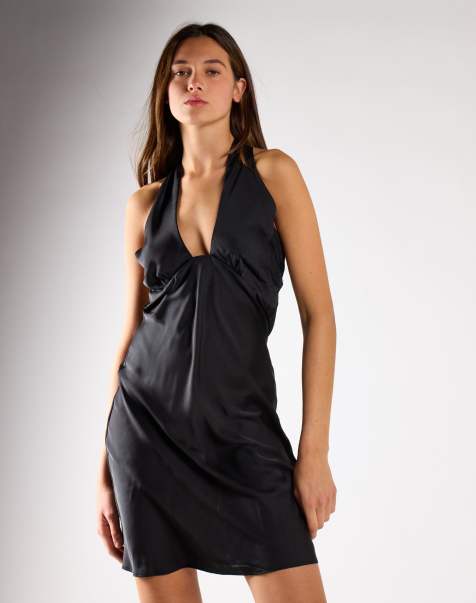 Glamorous Halter neck deep-v mini dress in black sateen - view 1