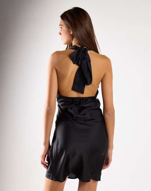 Glamorous Halter neck deep-v mini dress in black sateen, 2 of 4