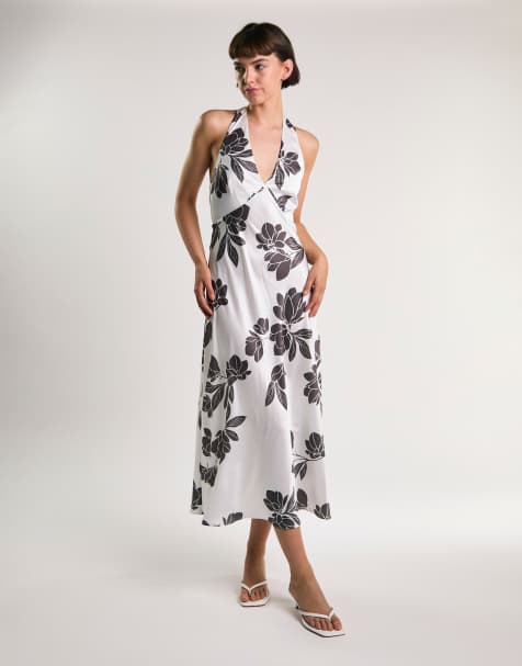 Glamorous Halter neck midi dress in white brown floral - view 1