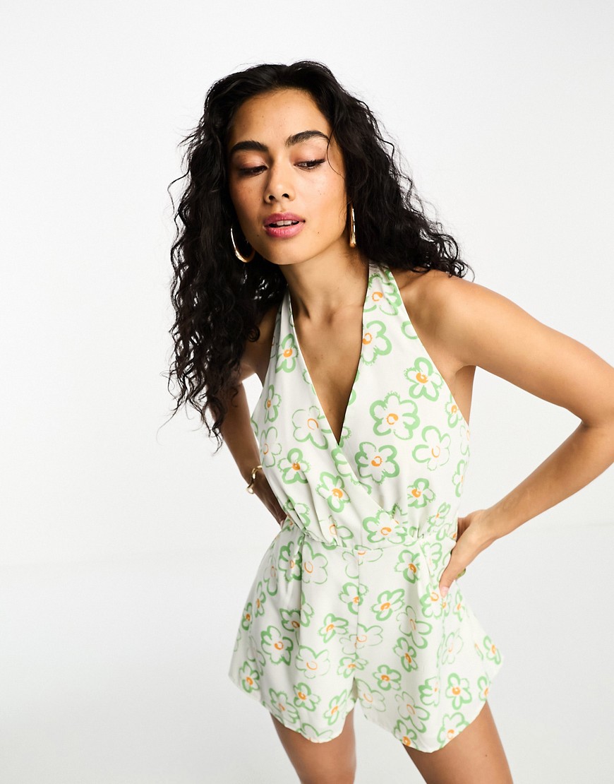 Glamorous halter neck playsuit in white green floral