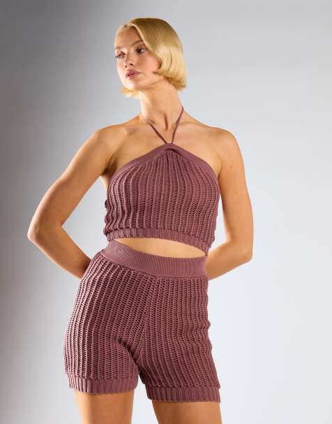 Glamorous Halter-neck-ribbed crop-top in mink - view 1
