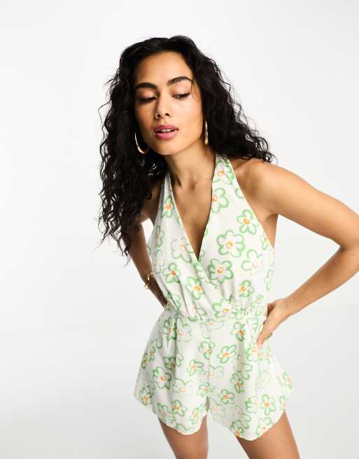 Glamorous halter neck romper in white green floral
