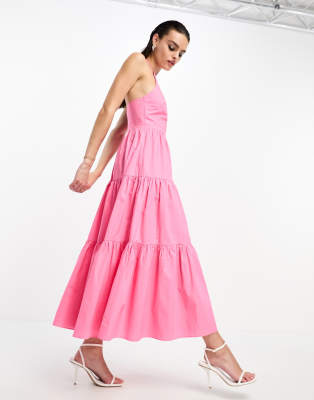 Asymmetrical Halter Midi Dress with Fringe Detailing - Pink main image 1