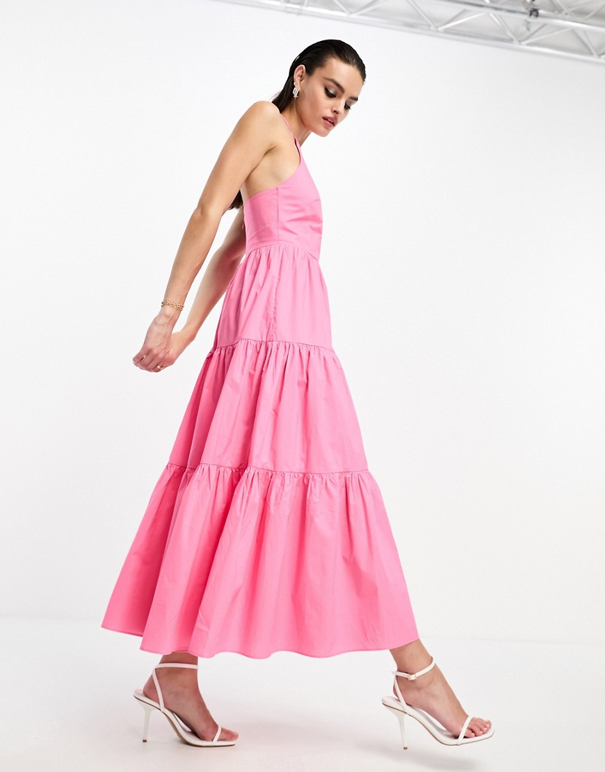 Glamorous halter neck tiered midi dress in pink