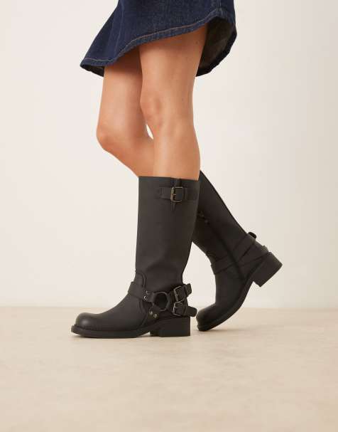 Glamorous harness biker knee boots in black - view 1