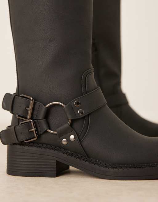 Glamorous harness biker knee boots in black, 4 of 4
