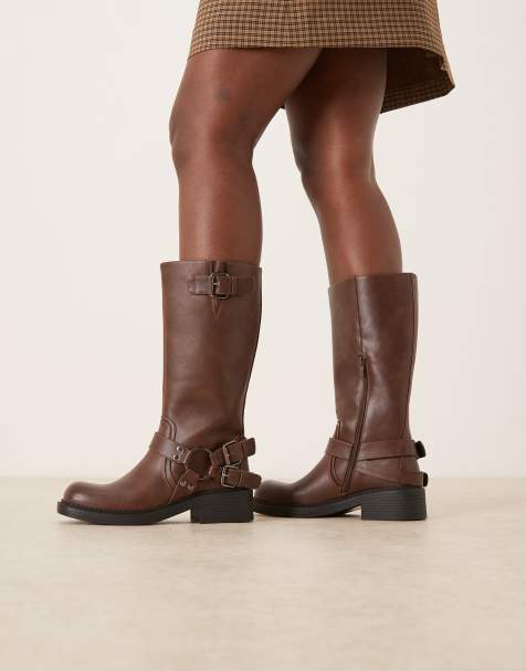 Glamorous harness biker knee boots in distressed brown - view 1