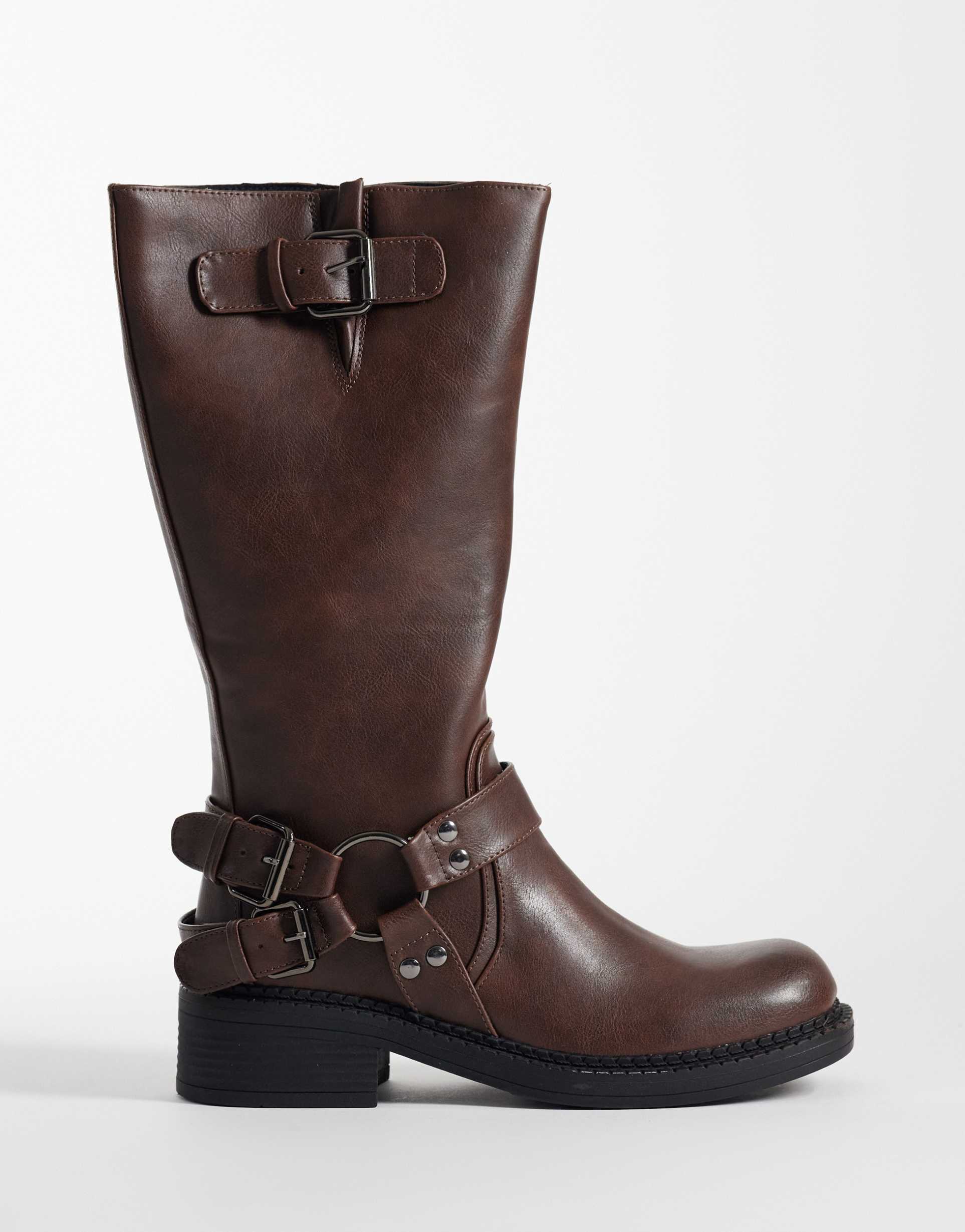 glamorous harness biker knee boots in distressed brown