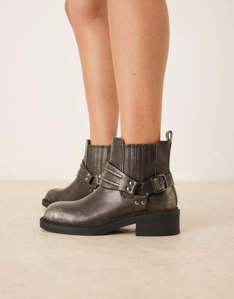 Glamorous harness low ankle boots in washed black - view 1