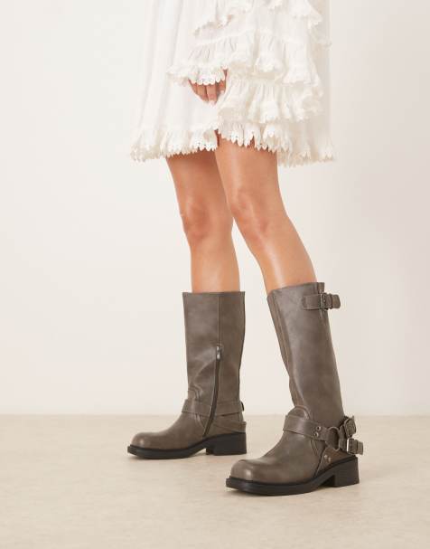 Glamorous harness moto knee boots in washed gray - view 1