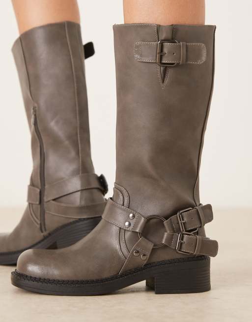 Glamorous harness biker knee boots in washed grey