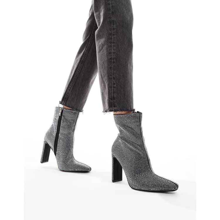 Glamorous Heeled Ankle Boots in Silver Embellished