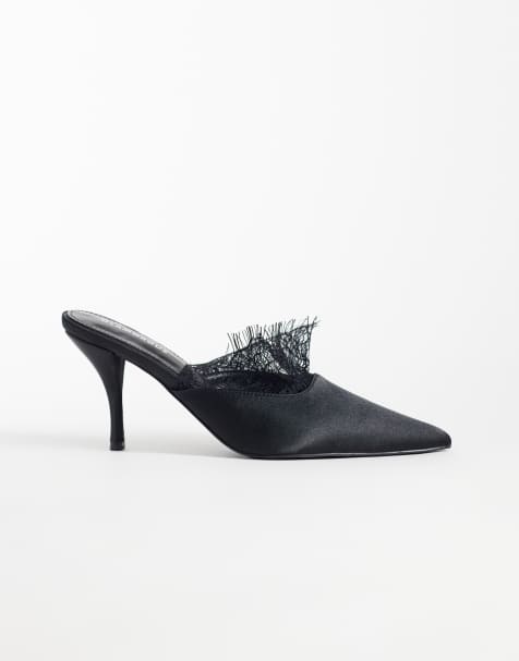 Glamorous heeled mules with lace detail in black satin - view 1