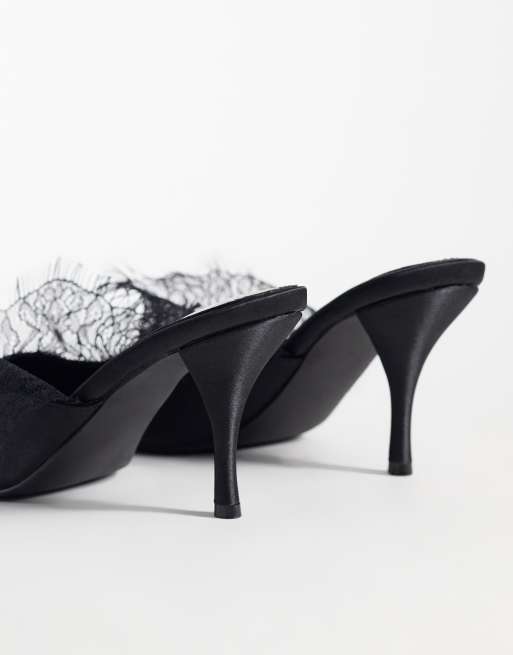 Glamorous heeled mules with lace detail in black satin, 2 of 4