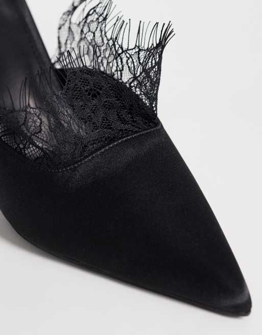 Glamorous heeled mules with lace detail in black satin, 3 of 4