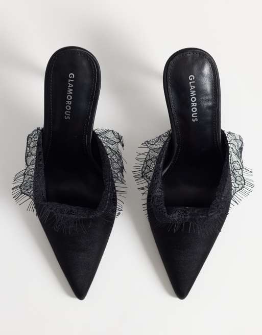 Glamorous heeled mules with lace detail in black satin, 4 of 4