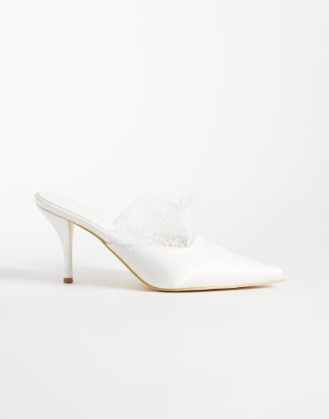 Glamorous heeled mules with lace detail in white satin - view 1