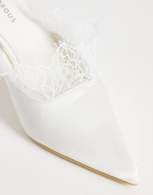 Glamorous heeled mules with lace detail in white satin, 2 of 4