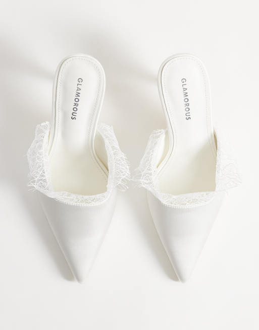 Glamorous heeled mules with lace detail in white satin, 4 of 4