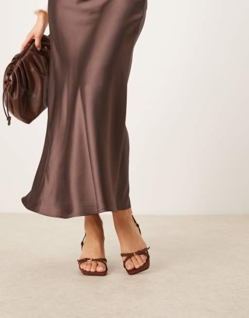 Glamorous heeled sandals with buckle detail in brown faux suede