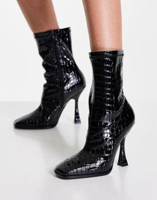 Glamorous Heeled Sock Boot In Black Croc