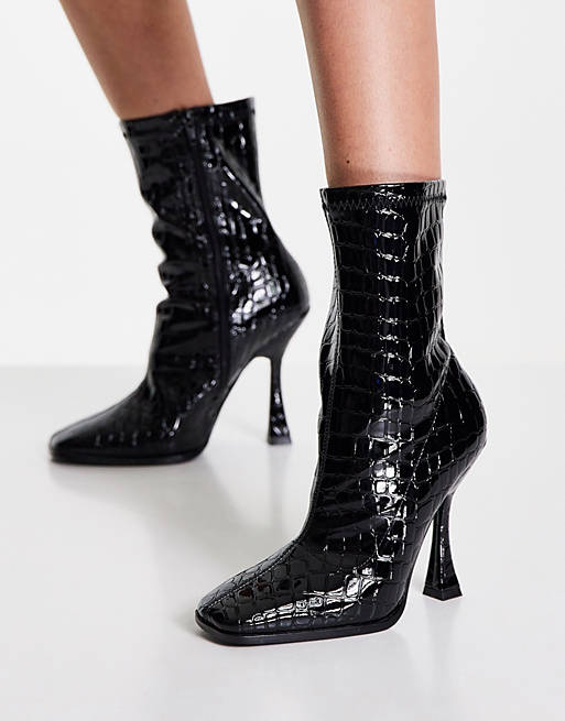 Glamorous heeled sock boots in black croc