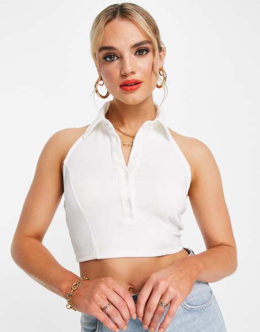 Glamorous high collar button front crop top in rib