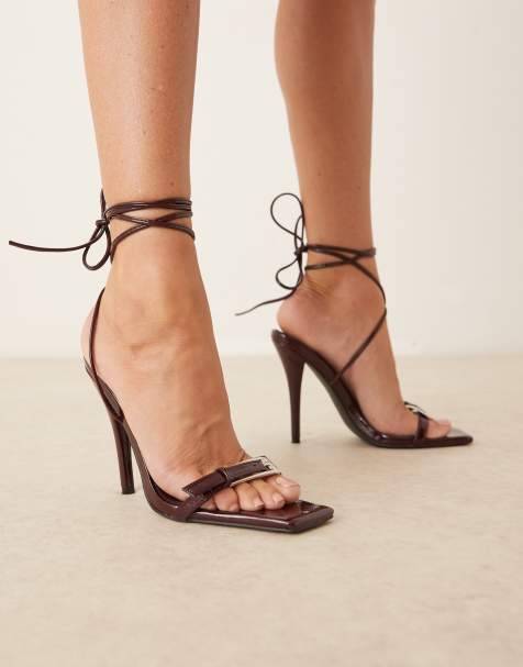 Glamorous high heeled sandals with leg ties in burgundy patent - view 1