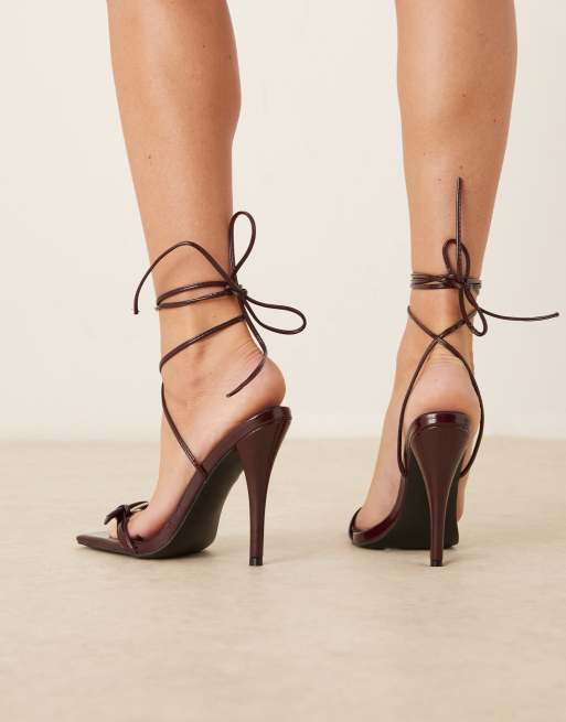 Glamorous high heeled sandals with tie leg in burgundy patent, 2 of 4