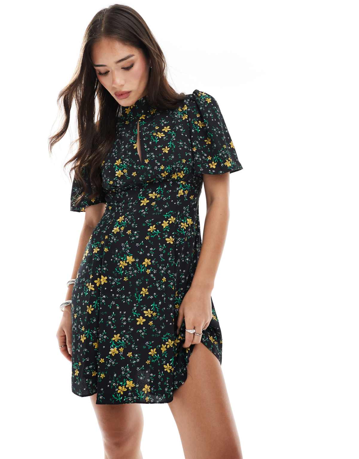 Glamorous High neck angel sleeve mini dress in black yellow mini floral