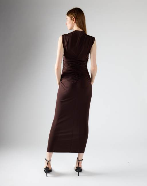 Glamorous High-neck bodycon midi dress in brown, 2 of 4