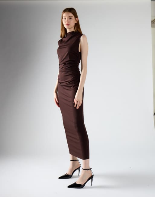 Glamorous High-neck bodycon midi dress in brown, 4 of 4