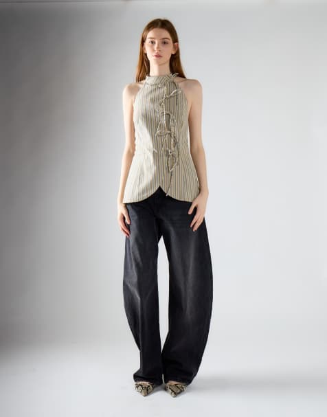 Glamorous High neck bow detail top in stone blue stripe - view 1