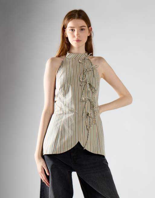 Glamorous High neck bow detail top in stone blue stripe, 2 of 4