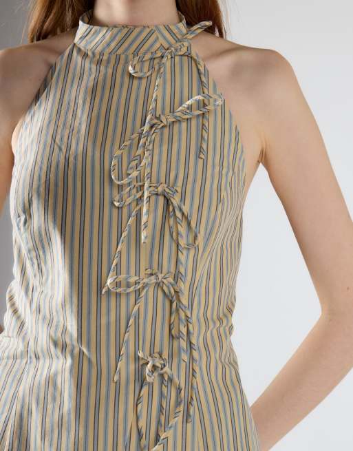 Glamorous High neck bow detail top in stone blue stripe, 3 of 4