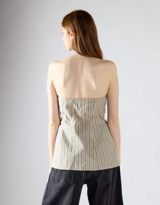 Glamorous High neck bow detail top in stone blue stripe, 4 of 4