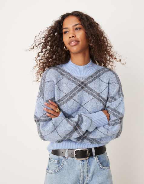 Glamorous high neck fitted jumper in blue argyle knit - view 1